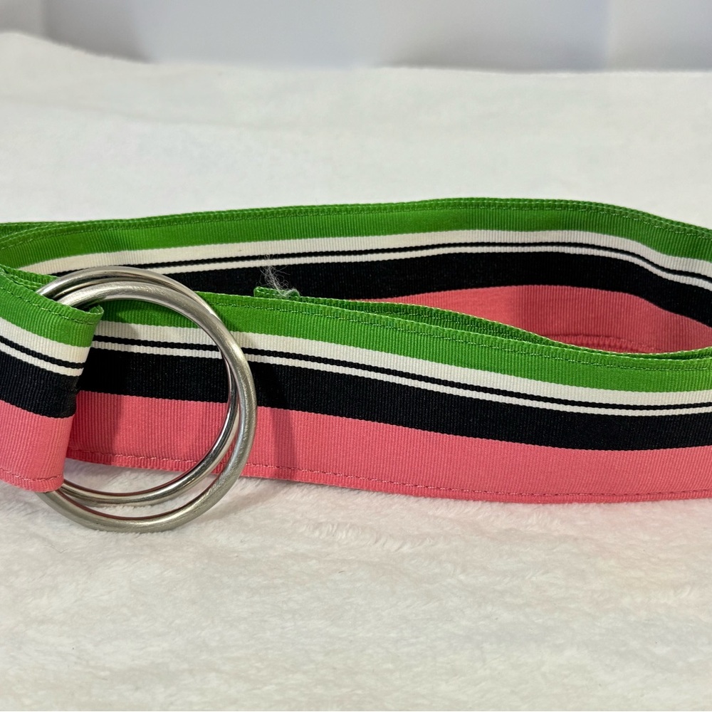 J. Crew Vibrant Preppy Pink Green Blue and White Striped Belt with Silver Rings - Picture 12 of 13